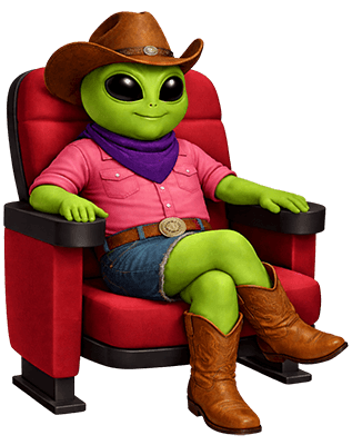 Chad the alien lounging in a armchair